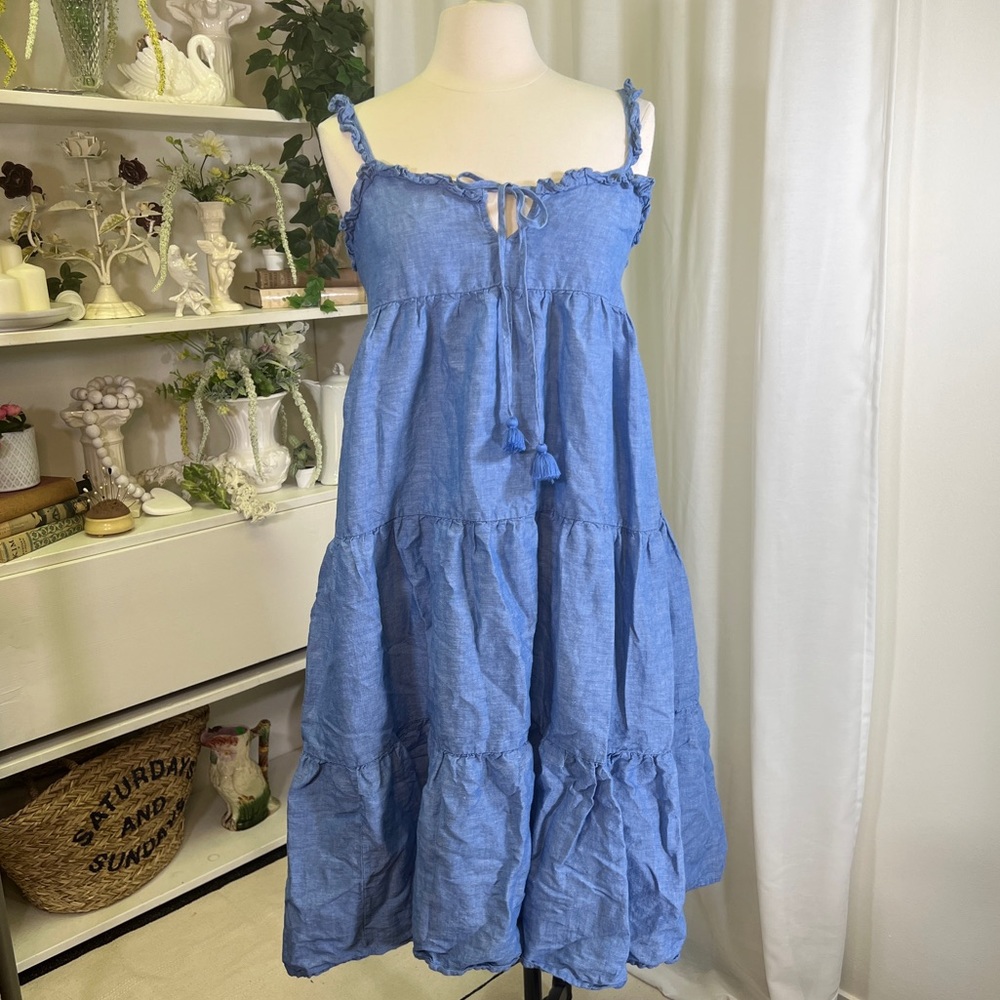 J Crew Beachwear Linen-Cotton Tiered Maxi Dress in Reef Blue